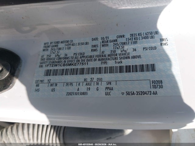 Aukcja sprzedaży 2021 Ford F-150 Xlt, vin: 1FTEW1CB5MKE77511, numer aukcji: 45153548