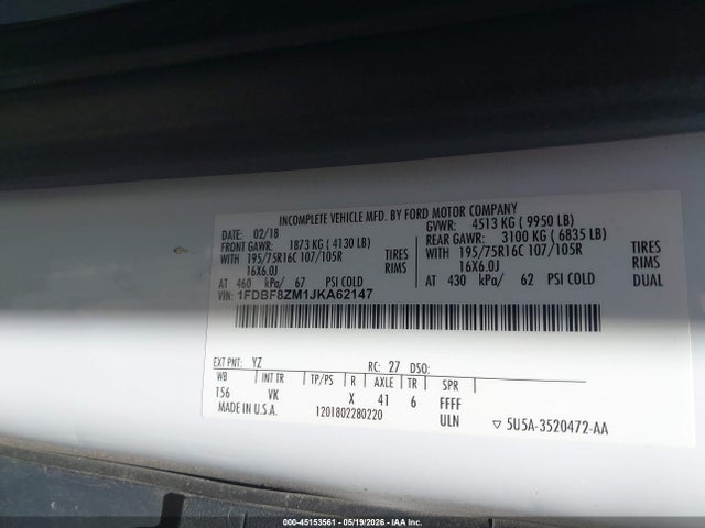 Aukcja sprzedaży 2018 Ford Transit-350 Cab, vin: 1FDBF8ZM1JKA62147, numer aukcji: 45153561
