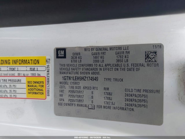 Продажа на аукционе авто 2017 Gmc Sierra 1500, vin: 1GTN1LEH9HZ174949, номер лота: 45153562
