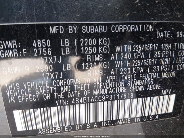 4S4BTACC9P3117818 Subaru Outback Premium