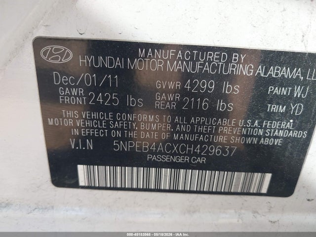 Продажа на аукционе авто 2012 Hyundai Sonata Gls, vin: 5NPEB4ACXCH429637, номер лота: 45153568