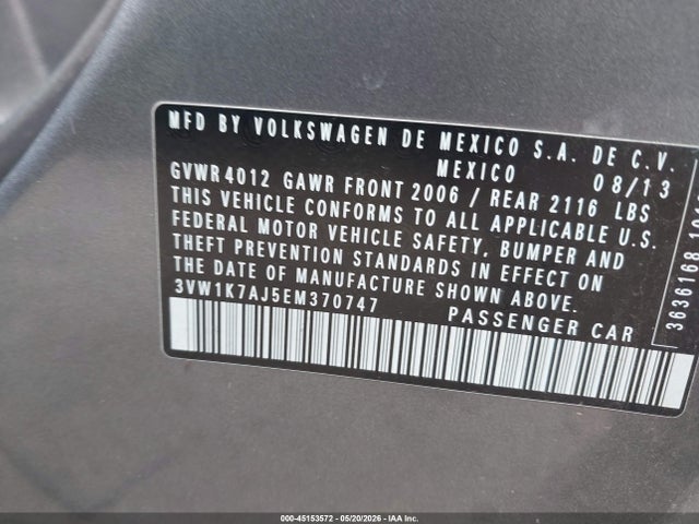 Aukcja sprzedaży 2014 Volkswagen Jetta 2.0l S, vin: 3VW1K7AJ5EM370747, numer aukcji: 45153572