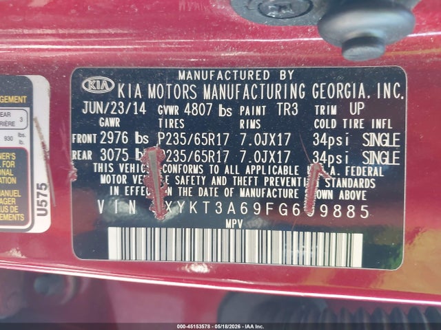 Продажа на аукционе авто 2015 Kia Sorento Lx, vin: 5XYKT3A69FG609885, номер лота: 45153578