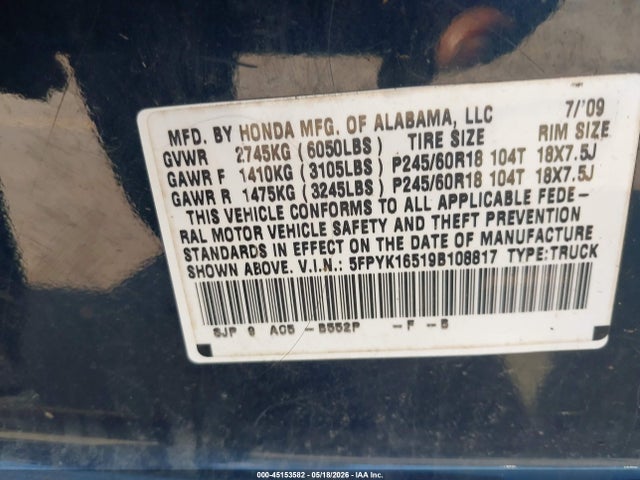 Продажа на аукционе авто 2009 Honda Ridgeline Rtl, vin: 5FPYK16519B108817, номер лота: 45153582