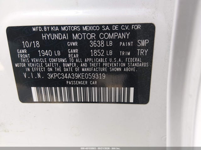 45153583 :رقم المزاد ، 3KPC34A39KE059319 vin ، 2019 Hyundai Accent Limited مزاد بيع