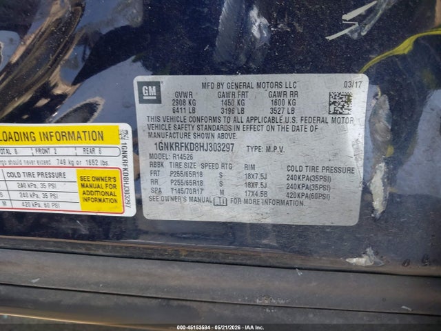 45153584 :رقم المزاد ، 1GNKRFKD8HJ303297 vin ، 2017 Chevrolet Traverse Ls مزاد بيع