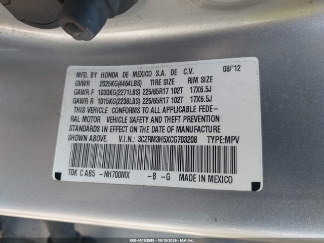 45153595 :رقم المزاد ، 3CZRM3H5XCG703208 vin ، 2012 Honda Cr-v Ex مزاد بيع