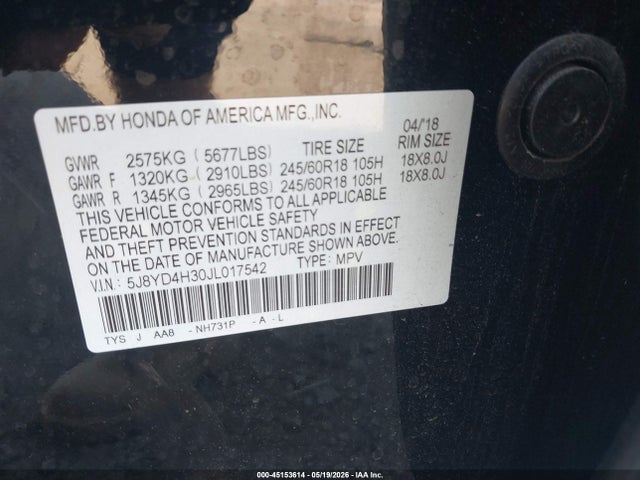 Auction sale of the 2018 Acura Mdx, vin: 5J8YD4H30JL017542, lot number: 45153614