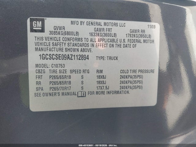 45153651 :رقم المزاد ، 1GCSCSE09AZ112894 vin ، 2010 Chevrolet Silverado 1500 Lt مزاد بيع