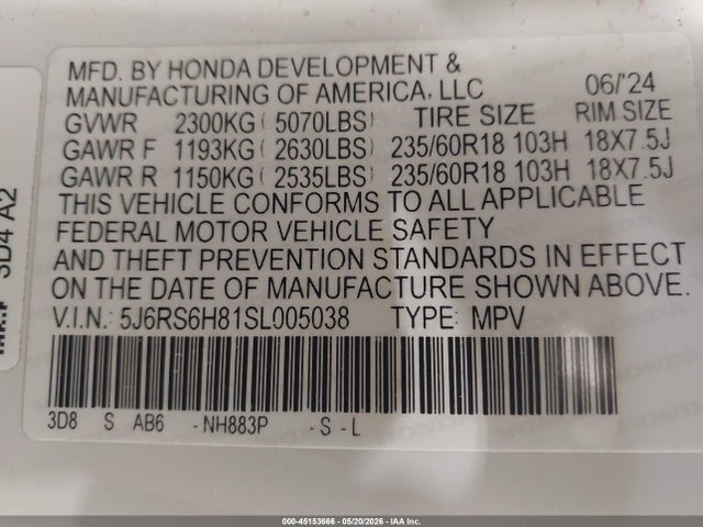 Продажа на аукционе авто 2025 Honda Cr-v Hybrid Sport-l, vin: 5J6RS6H81SL005038, номер лота: 45153666