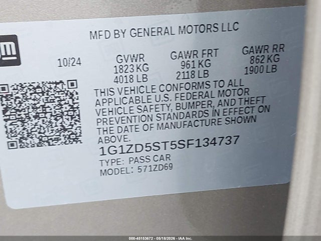 Продажа на аукционе авто 2025 Chevrolet Malibu Fwd 1lt, vin: 1G1ZD5ST5SF134737, номер лота: 45153672