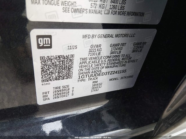 Aukcja sprzedaży 2026 Gmc Sierra 1500, vin: 1GTUUDED3TZ241155, numer aukcji: 45153686
