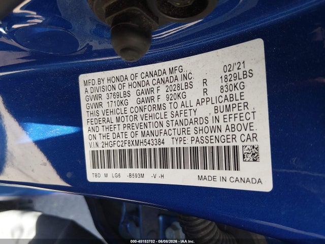 2021 Honda Civic Sport მანქანა იყიდება აუქციონზე, vin: 2HGFC2F8XMH543384, აუქციონის ნომერი: 45153702