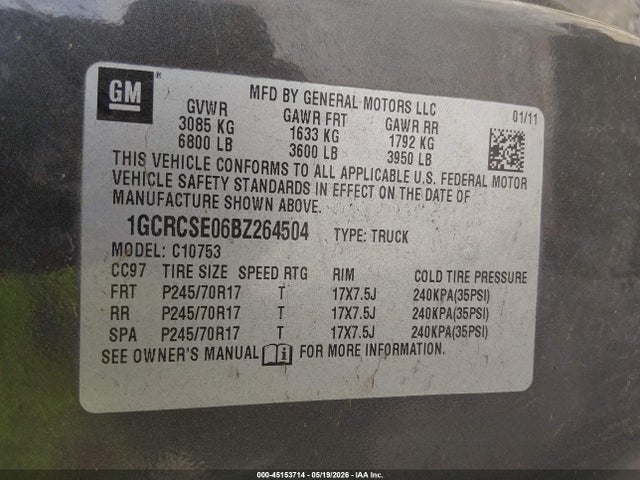 Продаж на аукціоні авто 2011 Chevrolet Silverado 1500 Lt, vin: 1GCRCSE06BZ264504, номер лоту: 45153714