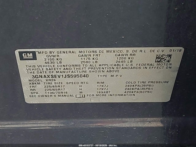 Продажа на аукционе авто 2018 Chevrolet Equinox Lt, vin: 3GNAXSEV1JS595040, номер лота: 45153727