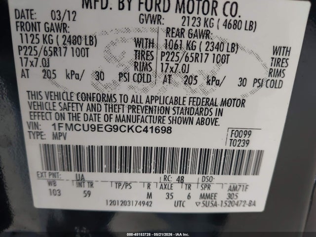 45153728 :رقم المزاد ، 1FMCU9EG9CKC41698 vin ، 2012 Ford Escape Limited مزاد بيع