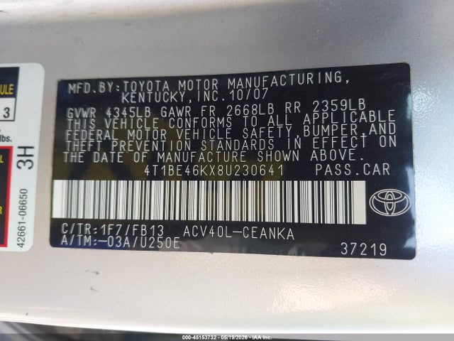 Aukcja sprzedaży 2008 Toyota Camry, vin: 4T1BE46KX8U230641, numer aukcji: 45153732