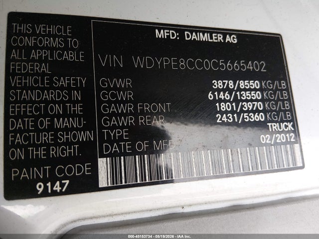 Aukcja sprzedaży 2012 Freightliner Sprinter 2500, vin: WDYPE8CC0C5665402, numer aukcji: 45153734