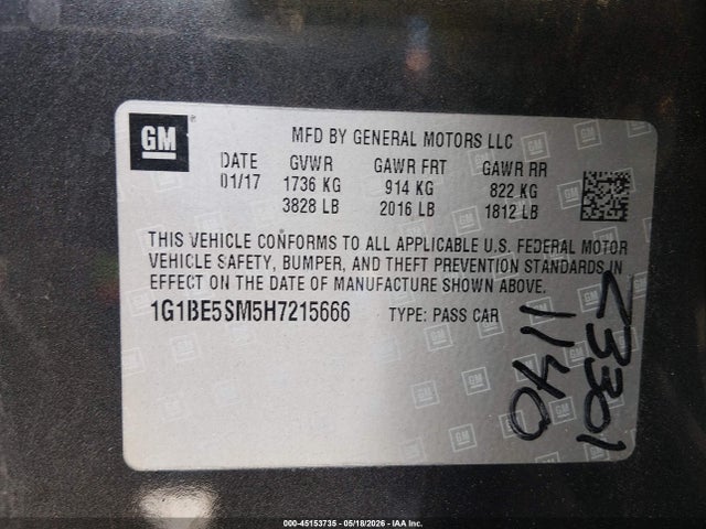 2017 Chevrolet Cruze Lt Auto მანქანა იყიდება აუქციონზე, vin: 1G1BE5SM5H7215666, აუქციონის ნომერი: 45153735