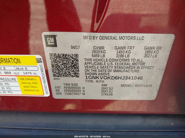 Auction sale of the 2017 Chevrolet Traverse 1lt, vin: 1GNKVGKD6HJ341046, lot number: 45153739