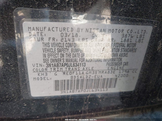 45153744 :رقم المزاد ، 3N1AB7AP0JL634113 vin ، 2018 Nissan Sentra Sv مزاد بيع