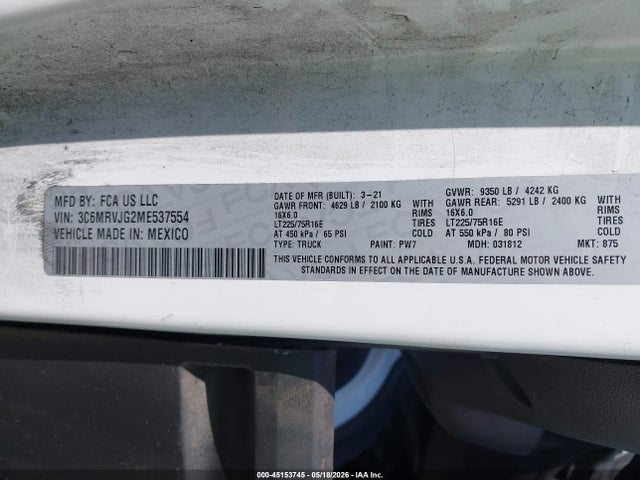 Продаж на аукціоні авто 2021 Ram Promaster 3500 Cargo Van High Roof 159 Wb Ext, vin: 3C6MRVJG2ME537554, номер лоту: 45153745