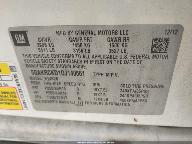 Продажа на аукционе авто 2013 Buick Enclave Leather, vin: 5GAKRCKD1DJ140561, номер лота: 45153775