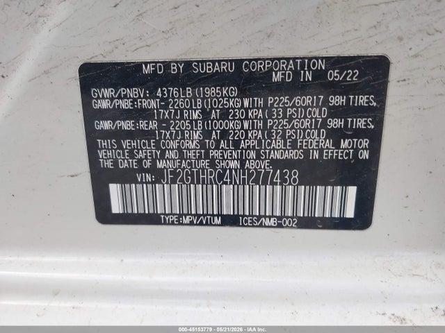 Aukcja sprzedaży 2022 Subaru Crosstrek Sport, vin: JF2GTHRC4NH277438, numer aukcji: 45153779