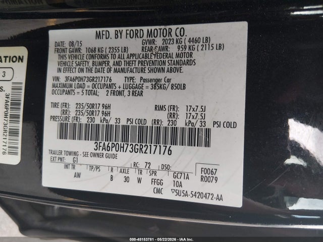 45153781 :رقم المزاد ، 3FA6P0H73GR217176 vin ، 2016 Ford Fusion Se مزاد بيع