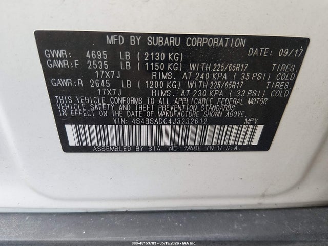 45153783 :رقم المزاد ، 4S4BSADC4J3232612 vin ، 2018 Subaru Outback 2.5i Premium مزاد بيع