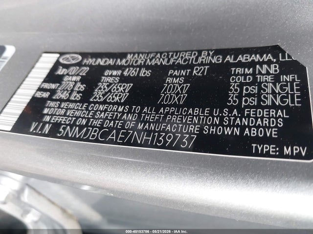 2022 Hyundai Tucson Sel მანქანა იყიდება აუქციონზე, vin: 5NMJBCAE7NH139737, აუქციონის ნომერი: 45153786