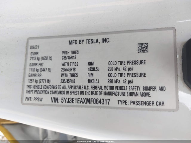 Tesla Model 3 Standard Range Plus Rear-wheel Drive 2021 5YJ3E1EAXMF064317 Image 9