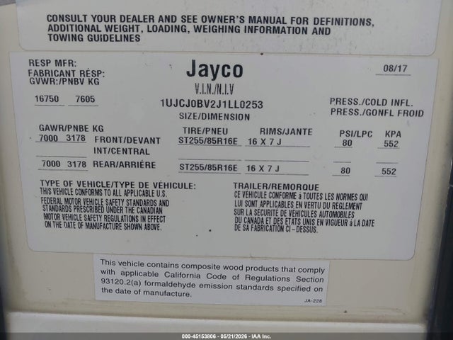 Продажа на аукционе авто 2018 Jayco North Point, vin: 1UJCJ0BV2J1LL0253, номер лота: 45153806