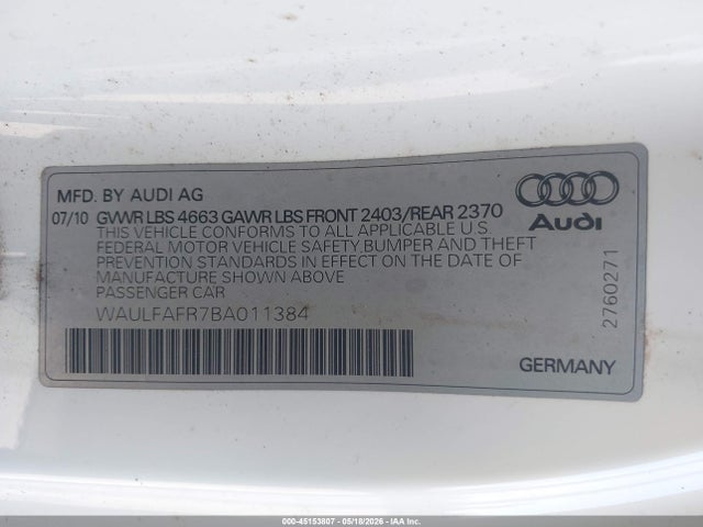 45153807 :رقم المزاد ، WAULFAFR7BA011384 vin ، 2011 Audi A5 2.0t Premium مزاد بيع