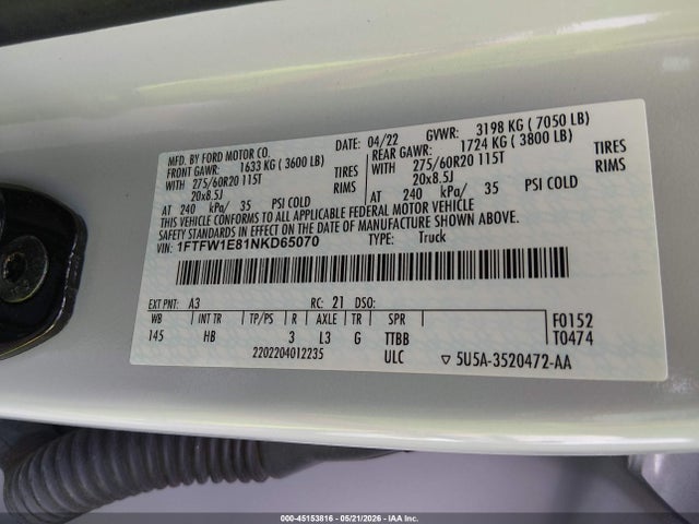Aukcja sprzedaży 2022 Ford F-150 Lariat, vin: 1FTFW1E81NKD65070, numer aukcji: 45153816