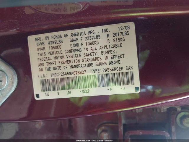 Продаж на аукціоні авто 2009 Honda Accord 2.4 Lx-p, vin: 1HGCP26459A078927, номер лоту: 45153824