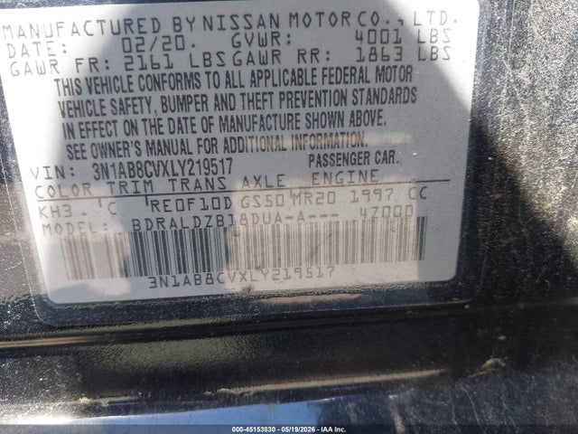 Aukcja sprzedaży 2020 Nissan Sentra Sv Xtronic Cvt, vin: 3N1AB8CVXLY219517, numer aukcji: 45153830
