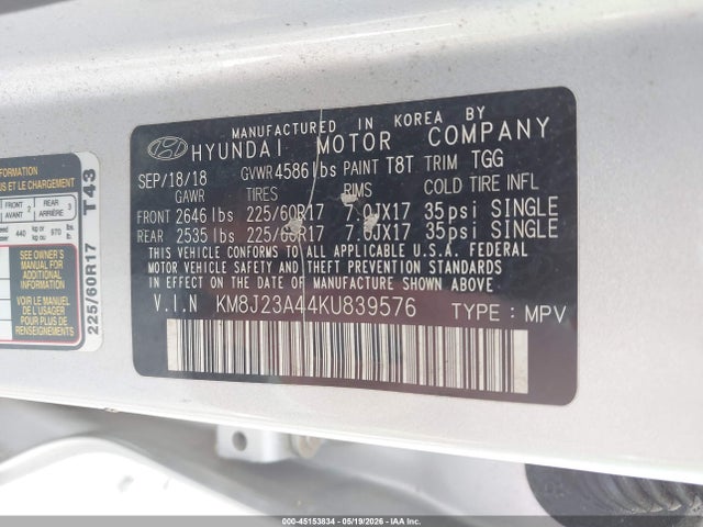 Продажа на аукционе авто 2019 Hyundai Tucson Se, vin: KM8J23A44KU839576, номер лота: 45153834