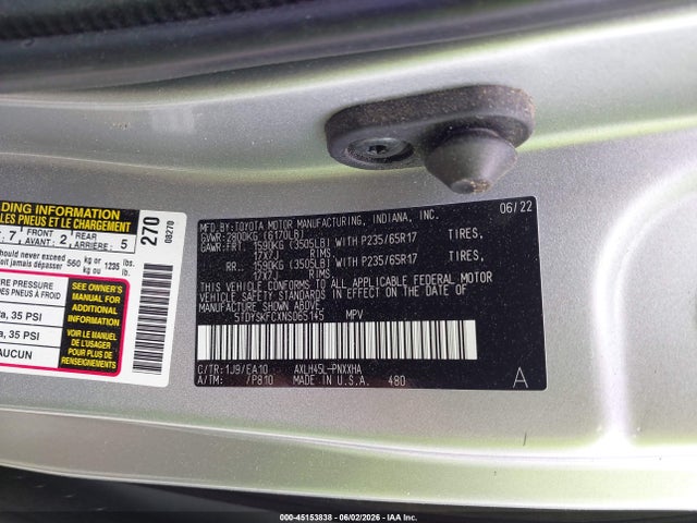 5TDYSKFCXNS065145 Toyota SIENNA XLE