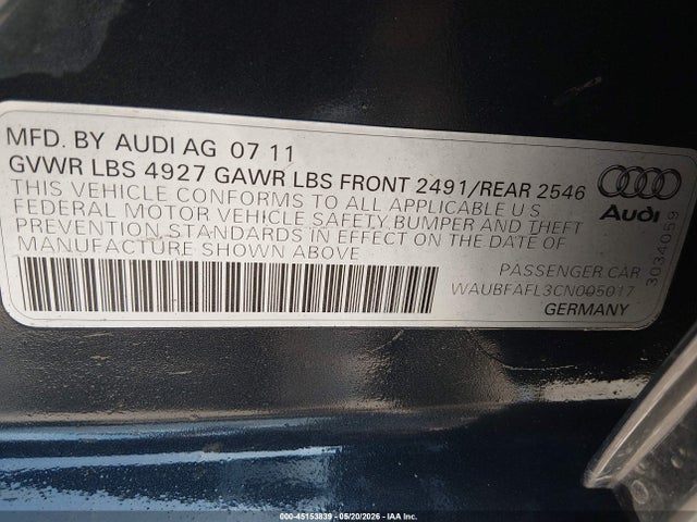 45153839 :رقم المزاد ، WAUBFAFL3CN005017 vin ، 2012 Audi A4 2.0t Premium مزاد بيع