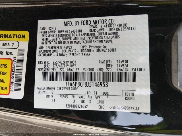 Продажа на аукционе авто 2018 Ford Mustang Gt Premium, vin: 1FA6P8CF8J5146953, номер лота: 45153841
