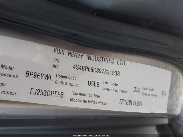 Продаж на аукціоні авто 2009 Subaru Outback 2.5i Limited, vin: 4S4BP66C897321938, номер лоту: 45153843