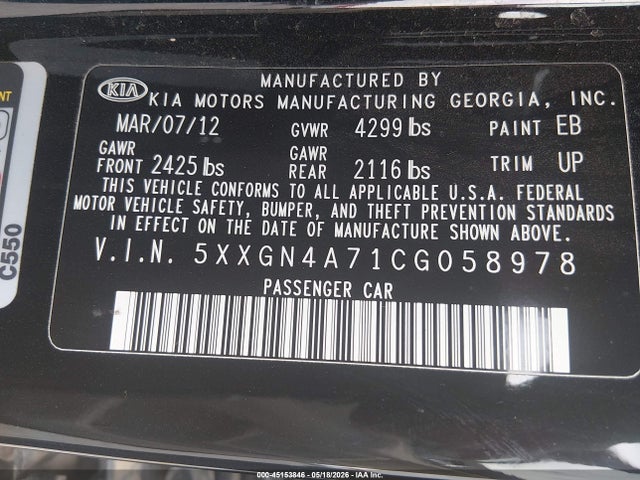 2012 Kia Optima Ex მანქანა იყიდება აუქციონზე, vin: 5XXGN4A71CG058978, აუქციონის ნომერი: 45153846