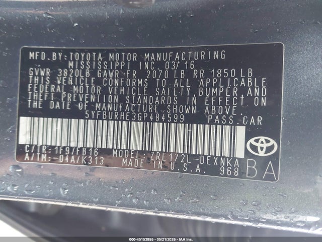 Toyota COROLLA LE 2016 5YFBURHE3GP484599 Image 9