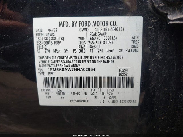 Aukcja sprzedaży 2022 Ford Police Interceptor Utility, vin: 1FM5K8AW7NNA03954, numer aukcji: 45153858