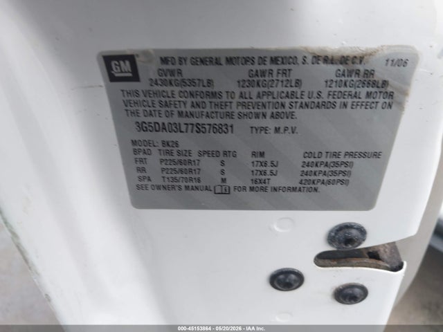 45153864 :رقم المزاد ، 3G5DA03L77S576831 vin ، 2007 Buick Rendezvous Cx مزاد بيع
