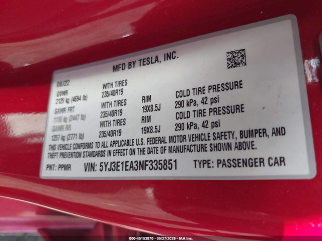 Tesla Model 3 Rear-wheel Drive 2022 5YJ3E1EA3NF335851 Image 9
