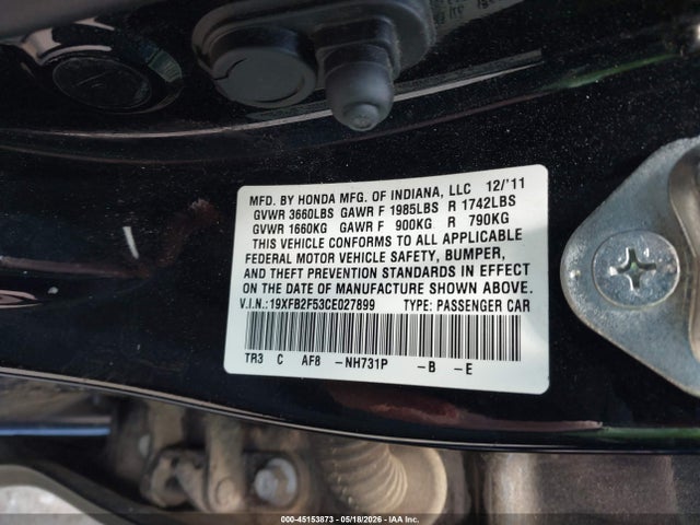 Aukcja sprzedaży 2012 Honda Civic Lx, vin: 19XFB2F53CE027899, numer aukcji: 45153873