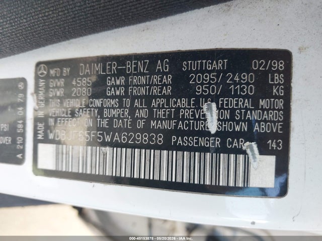 Продажа на аукционе авто 1998 Mercedes-benz E 320, vin: WDBJF65F5WA629838, номер лота: 45153878