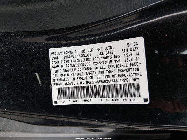Auction sale of the 2004 Honda Cr-v Ex, vin: SHSRD78854U241468, lot number: 45153884